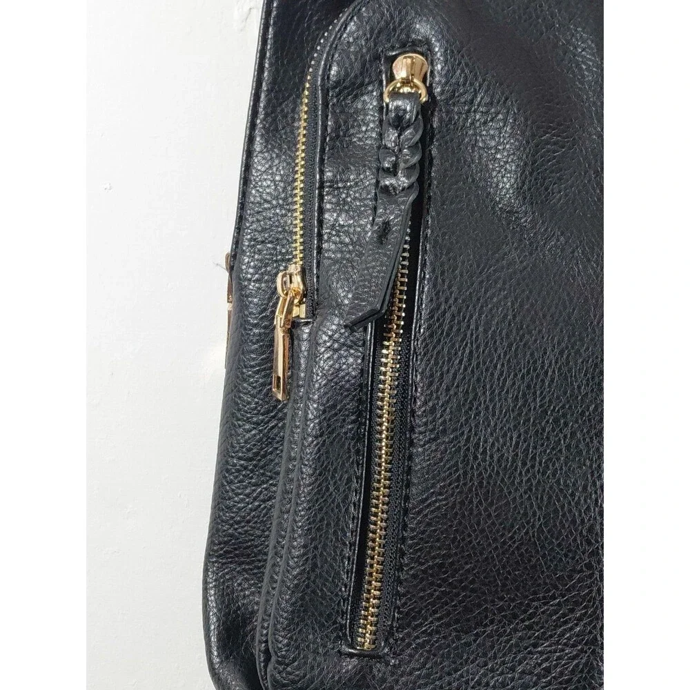 Woman's Black Faux Leather Gold Zippers Double Strap Bookbag Small 11.5
